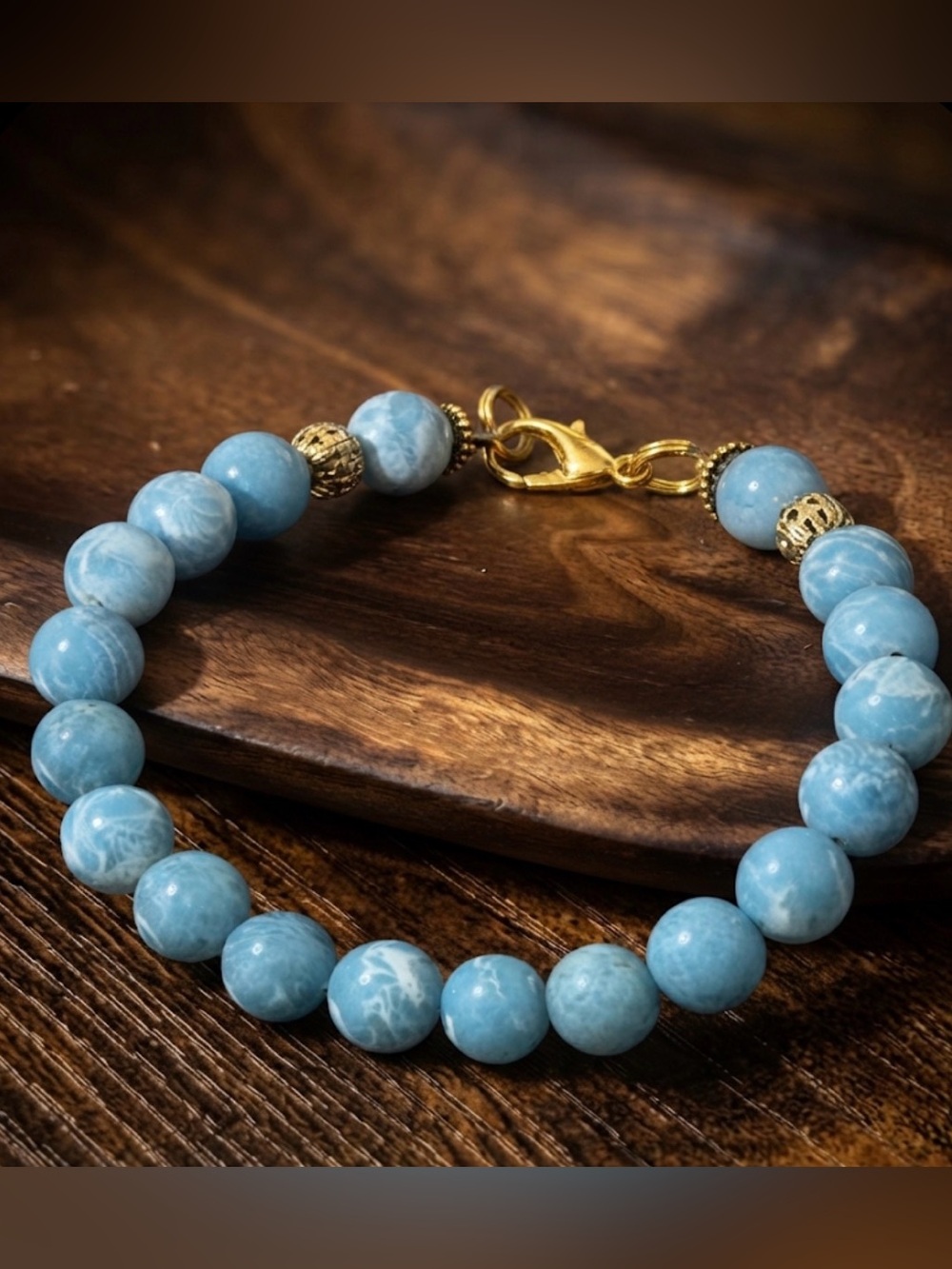 Dominican Larimar Bead Bracelet - Blue Gemstone with Gold Accents